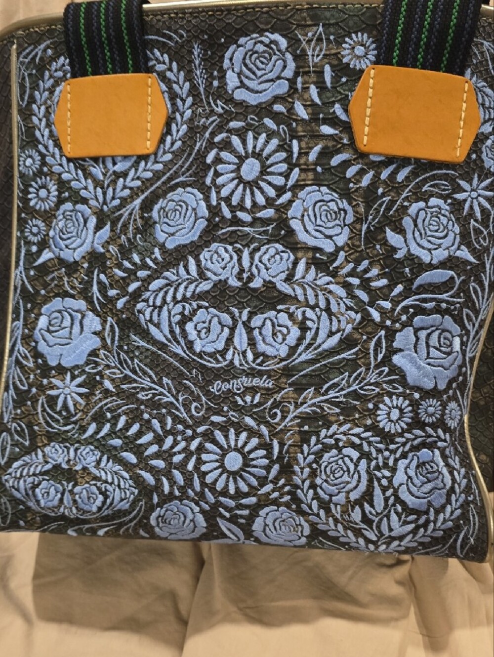 Consuela Black Tote with Light Blue Floral Embroidery and Tan Accents - Picture 8 of 10